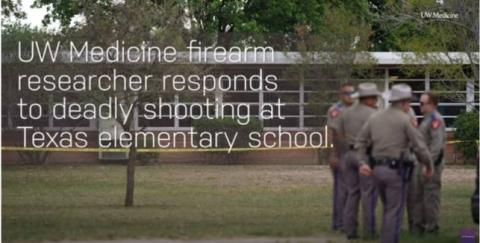 UW Medicine firearm researcher responds to deadly shooting at Texas elementary School. Image of police huddled together outside the school.