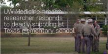 UW Medicine firearm researcher responds to deadly shooting at Texas elementary School. Image of police huddled together outside the school.